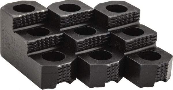 H & R Manufacturing - 8" Max Chuck Diam Compatibility, Case Hardened Steel 1.5mm x 60° Serrated Hard Lathe Top Jaws - 2 Steps, 0.551" Groove Width, 1-1/2" Wide x 3-1/2" Long x 1.969" High - Industrial Tool & Supply