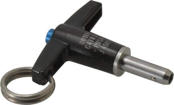 Jergens - 1/4" Diam, 1/2" Usable Length, T Handle, Push Button Quick Release Pin - 2" Overall Length, Grade 17-4 Stainless Steel, Passivated Finish - Industrial Tool & Supply