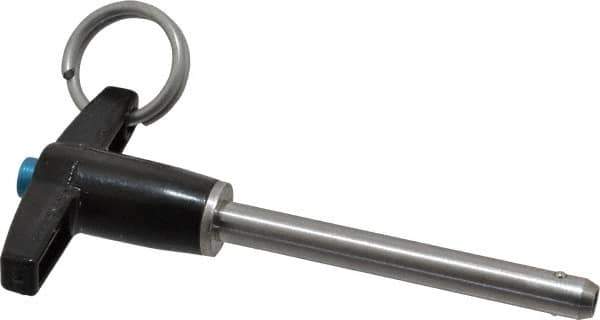 Jergens - 1/4" Diam, 2" Usable Length, T Handle, Push Button Quick Release Pin - 3-1/2" Overall Length, Grade 17-4 Stainless Steel, Passivated Finish - Industrial Tool & Supply