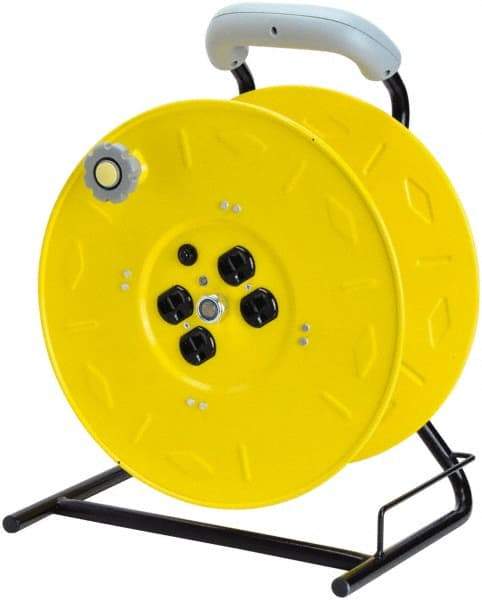 Value Collection - 12 AWG, 100' Cable Length, Cord & Cable Reel with Outlet End, No Cable - 4 Outlets, NEMA 5-15R, 15 Amps, 125 Volts, SO Cable, Yellow Reel, Hand Crank Reel - Industrial Tool & Supply