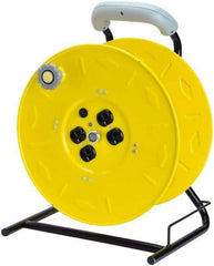 Value Collection - 12 AWG, 100' Cable Length, Cord & Cable Reel with Outlet End, No Cable - 4 Outlets, NEMA 5-15R, 15 Amps, 125 Volts, SO Cable, Yellow Reel, Hand Crank Reel - Industrial Tool & Supply