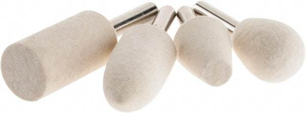 Value Collection - 4 Piece, 1/4" Shank Diam, Wool Felt Bob Set - Medium Density, Includes Ball, Cone, Cylinder, Flame, Olive & Oval Bobs - Industrial Tool & Supply
