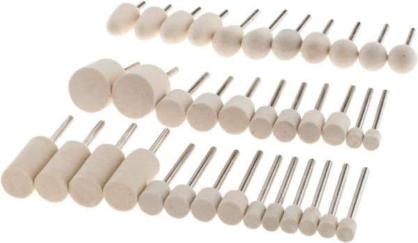 Value Collection - 36 Piece, 1/8" Shank Diam, Wool Felt Bob Set - Medium Density, Includes Ball, Cone, Cylinder, Flame, Olive & Oval Bobs - Industrial Tool & Supply