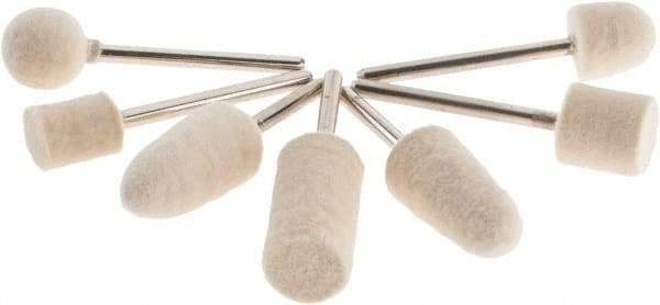 Value Collection - 7 Piece, 1/8" Shank Diam, Wool Felt Bob Set - Medium Density, Includes Ball, Cone, Cylinder, Flame, Olive & Oval Bobs - Industrial Tool & Supply