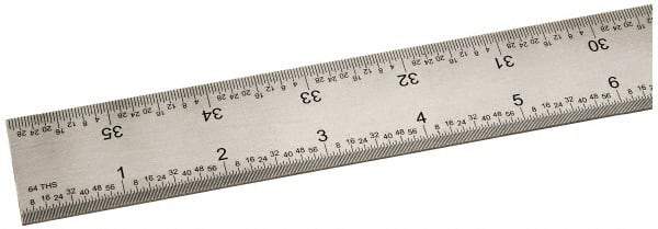 SPI - 36" Long, 1/100, 1/64, 1/32, 1/10" Graduation, Rigid Steel Rule - 5R Graduation Style, 1-1/4" Wide, Silver, Satin Chrome Finish - Industrial Tool & Supply