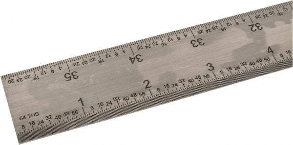 SPI - 36" Long, 1/100, 1/64, 1/50, 1/32" Graduation, Rigid Steel Rule - 16R Graduation Style, 1-1/4" Wide, Silver, Satin Chrome Finish - Industrial Tool & Supply