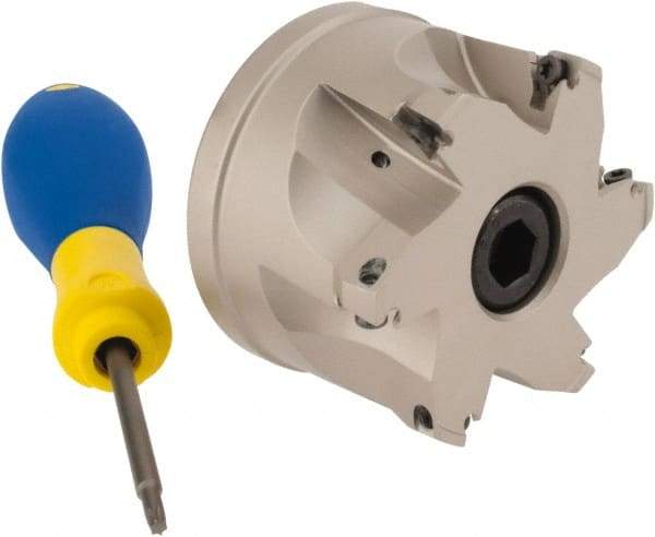 Iscar - 7 Inserts, 2-1/2" Cut Diam, 1" Arbor Diam, 0.315" Max Depth of Cut, Indexable Square-Shoulder Face Mill - 0/90° Lead Angle, 1.77" High, HM390 TPKT 1003 Insert Compatibility, Through Coolant, Series HeliIQMill - Industrial Tool & Supply