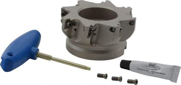 Iscar - 8 Inserts, 4" Cut Diam, 1-1/2" Arbor Diam, 0.512" Max Depth of Cut, Indexable Square-Shoulder Face Mill - 0/90° Lead Angle, 2" High, HM390 TDKT 1505 Insert Compatibility, Through Coolant, Series HeliIQMill - Industrial Tool & Supply