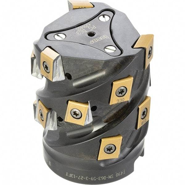 Iscar - 15 Inserts, 63mm Cut Diam, 27mm Arbor Diam, 59mm Max Depth of Cut, Indexable Square-Shoulder Face Mill - 0/90° Lead Angle, 80mm High, T490 LN.. 1306 Insert Compatibility, Through Coolant, Series Helitang - Industrial Tool & Supply