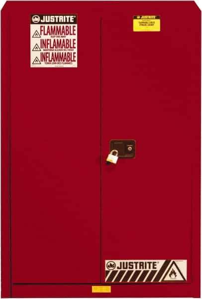 Justrite - 2 Door, 5 Shelf, Red Steel Standard Safety Cabinet for Flammable and Combustible Liquids - 65" High x 43" Wide x 18" Deep, Self Closing Door, 3 Point Key Lock, 60 Gal Capacity - Industrial Tool & Supply