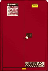 Justrite - 2 Door, 5 Shelf, Red Steel Standard Safety Cabinet for Flammable and Combustible Liquids - 65" High x 43" Wide x 18" Deep, Self Closing Door, 3 Point Key Lock, 60 Gal Capacity - Industrial Tool & Supply