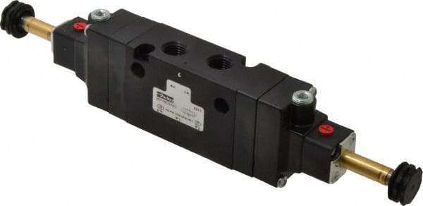 Parker - 1/4" NPT Port, Double Solenoid, 3 Position Valveless Coil, Aluminum Solenoid Valve - Center Exhaust Open, 145 Max PSI, Buna-N Seal - Industrial Tool & Supply