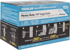 Toggler - 1/4" Screw, 6-1/4" Long, 3/8 to 3-5/8" Thick, Toggle Bolt Drywall & Hollow Wall Anchor - 1/4 - 20" Thread, 1/2" Drill, Zinc Plated, Steel, Grade 1010, Use in Drywall - Industrial Tool & Supply