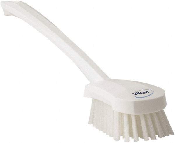 Vikan - 1.3" Bristle Length, Polyester Scrub Brush - 4" Long x 2-3/4" Wide Head, 15-3/4" OAL, White, Polypropylene Block - Industrial Tool & Supply