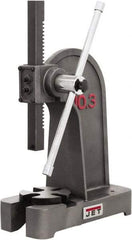 Jet - 1/2" Ram, 7-7/8" Throat Depth, 2 Ton Manual Arbor Press - 7-7/8" Max Work Height x 11-3/8" Max Work Width, Single Leverage, 6-3/8" Base Width x 17" Base Depth - Industrial Tool & Supply