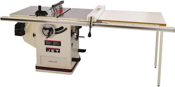 Jet - 10" Blade Diam, 5/8" Arbor Diam, 1 Phase Table Saw - 5 hp, 65" Wide x 36" Deep x 38" High, 230 Volt, 3" Cutting Depth - Industrial Tool & Supply