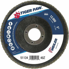 Weiler - 40 Grit, 5" Disc Diam, 7/8" Center Hole, Type 29 Zirconia Alumina Flap Disc - 12,000 Max RPM, Phenolic Backing, Arbor Attaching System, Coated - Industrial Tool & Supply