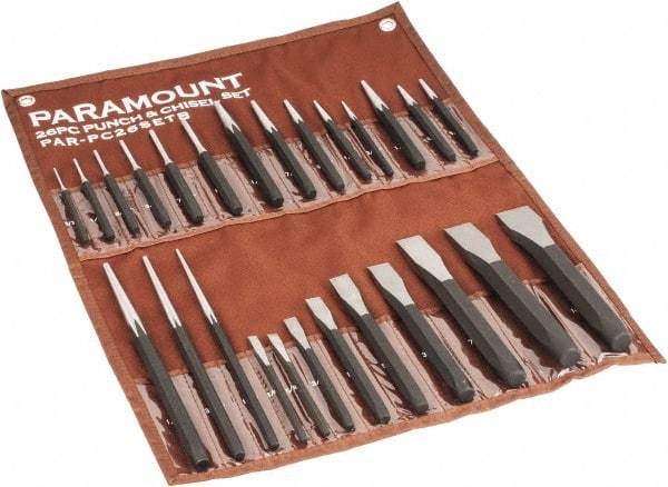 Paramount - 26 Piece Punch & Chisel Set - 1/4 to 1-3/16" Chisel, 3/8 to 1/4" Punch, Hexagon Shank - Industrial Tool & Supply