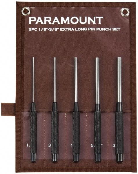 Paramount - 5 Piece, 1/8 to 3/8", Pin Punch Set - Round Shank, Steel, Comes in Canvas Roll - Industrial Tool & Supply