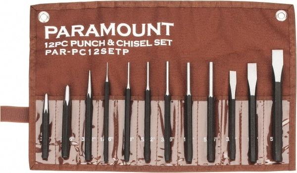 Paramount - 12 Piece Punch & Chisel Set - 3/8 to 5/8" Chisel, 1/16 to 3/8" Punch, Hexagon Shank - Industrial Tool & Supply