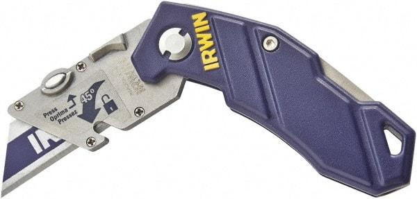 Irwin - Fixed Folding Utility Knife - Blue Aluminum Handle, 1 Blade Included - Industrial Tool & Supply