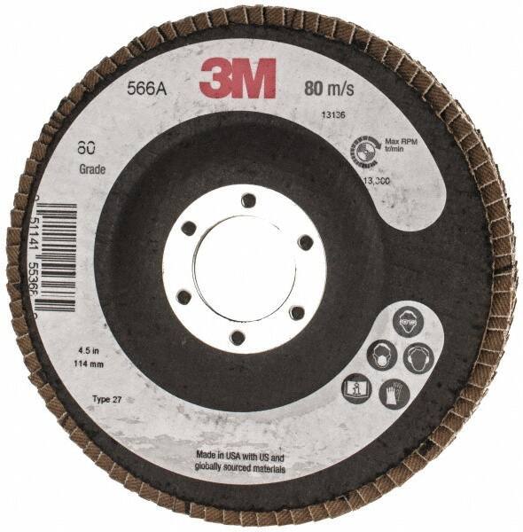 3M - 80 Grit, 4-1/2" Disc Diam, Type 27 Flap Disc - Cloth Backing, Arbor Attaching System - Industrial Tool & Supply