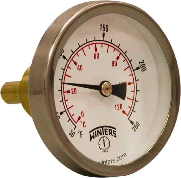 Winters - 30 to 250°F, Industrial Thermometer with Standard Thermowell - 1 Inch Immersion Length, 2.012 Inch Stem Length, 2 Inch Long, 3/4 Inch Thread - Industrial Tool & Supply