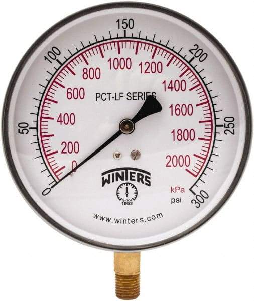 Winters - 4-1/2" Dial, 1/4 Thread, 0-300 Scale Range, Pressure Gauge - Lower Connection Mount, Accurate to 0.01% of Scale - Industrial Tool & Supply