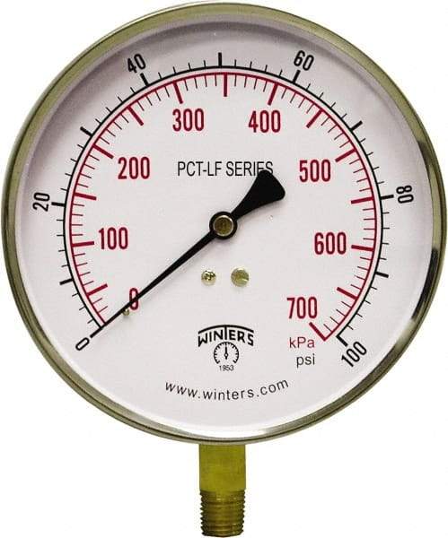 Winters - 4-1/2" Dial, 1/4 Thread, 0-100 Scale Range, Pressure Gauge - Lower Connection Mount, Accurate to 0.01% of Scale - Industrial Tool & Supply