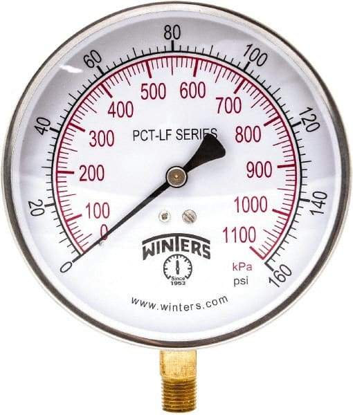 Winters - 4-1/2" Dial, 1/4 Thread, 0-160 Scale Range, Pressure Gauge - Lower Connection Mount, Accurate to 0.01% of Scale - Industrial Tool & Supply