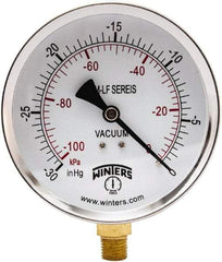 Winters - 4" Dial, 1/4 Thread, 30" HG Vac Scale Range, Pressure Gauge - Lower Connection Mount, Accurate to 3-2-3% of Scale - Industrial Tool & Supply