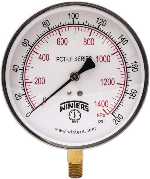 Winters - 4-1/2" Dial, 1/4 Thread, 0-200 Scale Range, Pressure Gauge - Lower Connection Mount, Accurate to 0.01% of Scale - Industrial Tool & Supply