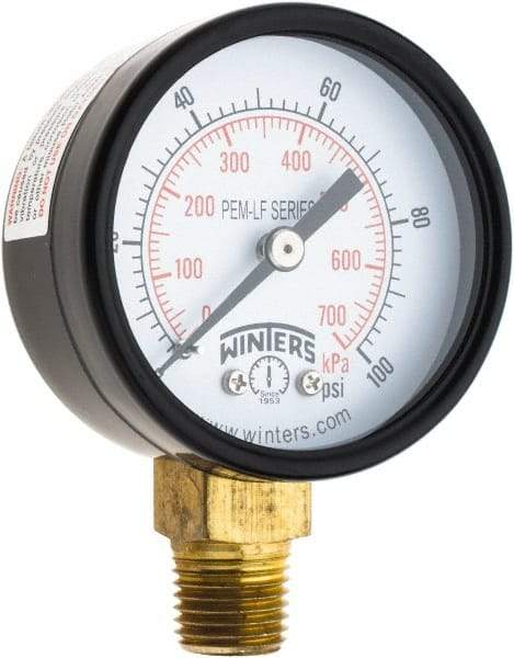 Winters - 2" Dial, 1/4 Thread, 0-100 Scale Range, Pressure Gauge - Lower Connection Mount, Accurate to 3-2-3% of Scale - Industrial Tool & Supply