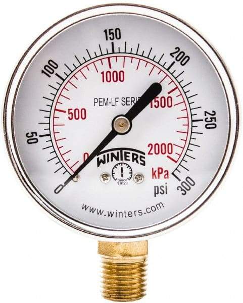 Winters - 2-1/2" Dial, 1/4 Thread, 0-300 Scale Range, Pressure Gauge - Lower Connection Mount, Accurate to 3-2-3% of Scale - Industrial Tool & Supply