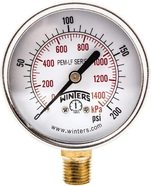 Winters - 2-1/2" Dial, 1/4 Thread, 0-200 Scale Range, Pressure Gauge - Lower Connection Mount, Accurate to 3-2-3% of Scale - Industrial Tool & Supply