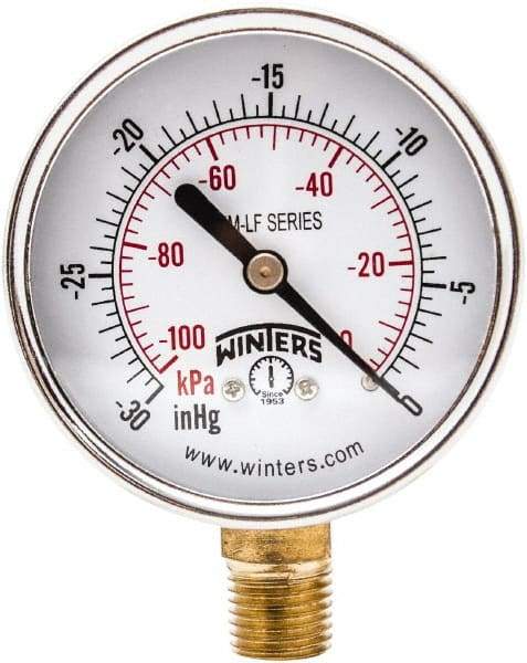 Winters - 2-1/2" Dial, 1/4 Thread, 30" HG Vac Scale Range, Pressure Gauge - Lower Connection Mount, Accurate to 3-2-3% of Scale - Industrial Tool & Supply
