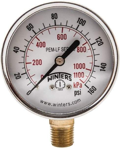 Winters - 2-1/2" Dial, 1/4 Thread, 0-160 Scale Range, Pressure Gauge - Lower Connection Mount, Accurate to 3-2-3% of Scale - Industrial Tool & Supply