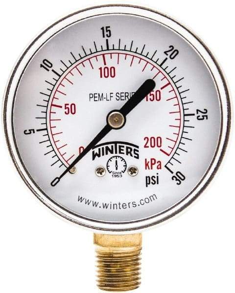 Winters - 2-1/2" Dial, 1/4 Thread, 0-30 Scale Range, Pressure Gauge - Lower Connection Mount, Accurate to 3-2-3% of Scale - Industrial Tool & Supply