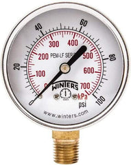 Winters - 2-1/2" Dial, 1/4 Thread, 0-100 Scale Range, Pressure Gauge - Lower Connection Mount, Accurate to 3-2-3% of Scale - Industrial Tool & Supply