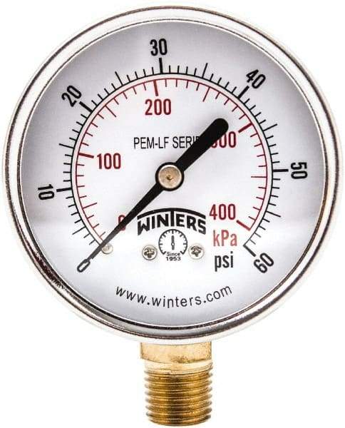 Winters - 2-1/2" Dial, 1/4 Thread, 0-60 Scale Range, Pressure Gauge - Lower Connection Mount, Accurate to 3-2-3% of Scale - Industrial Tool & Supply