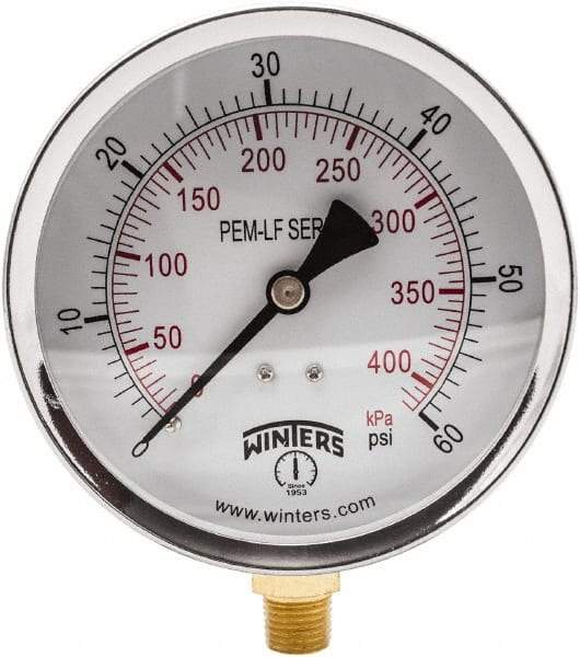 Winters - 4" Dial, 1/4 Thread, 0-60 Scale Range, Pressure Gauge - Lower Connection Mount, Accurate to 3-2-3% of Scale - Industrial Tool & Supply
