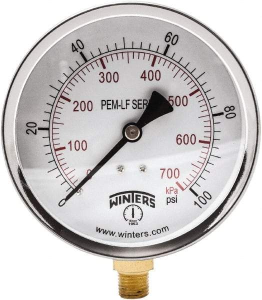 Winters - 4" Dial, 1/4 Thread, 0-100 Scale Range, Pressure Gauge - Lower Connection Mount, Accurate to 3-2-3% of Scale - Industrial Tool & Supply