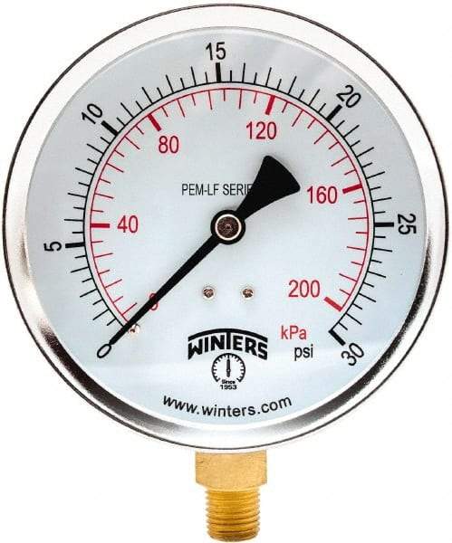 Winters - 4" Dial, 1/4 Thread, 0-30 Scale Range, Pressure Gauge - Lower Connection Mount, Accurate to 3-2-3% of Scale - Industrial Tool & Supply