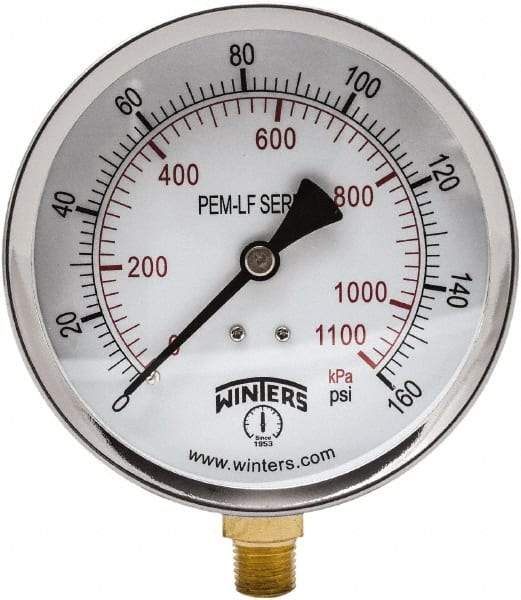 Winters - 4" Dial, 1/4 Thread, 0-160 Scale Range, Pressure Gauge - Lower Connection Mount, Accurate to 3-2-3% of Scale - Industrial Tool & Supply