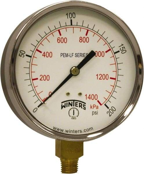 Winters - 4" Dial, 1/4 Thread, 0-200 Scale Range, Pressure Gauge - Lower Connection Mount, Accurate to 3-2-3% of Scale - Industrial Tool & Supply