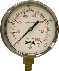 Winters - 4" Dial, 1/4 Thread, 0-200 Scale Range, Pressure Gauge - Lower Connection Mount, Accurate to 3-2-3% of Scale - Industrial Tool & Supply