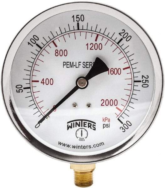 Winters - 4" Dial, 1/4 Thread, 0-300 Scale Range, Pressure Gauge - Lower Connection Mount, Accurate to 3-2-3% of Scale - Industrial Tool & Supply