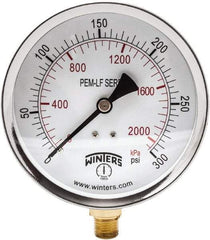 Winters - 4" Dial, 1/4 Thread, 0-300 Scale Range, Pressure Gauge - Lower Connection Mount, Accurate to 3-2-3% of Scale - Industrial Tool & Supply