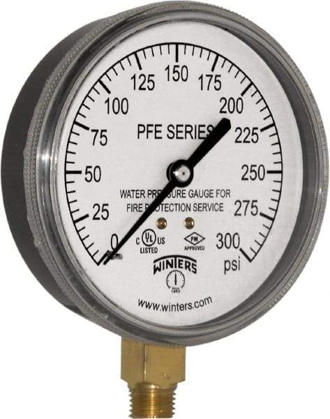 Winters - 3-1/2" Dial, 1/4 Thread, 0-300 Scale Range, Pressure Gauge - Lower Connection Mount, Accurate to 3-2-3% of Scale - Industrial Tool & Supply