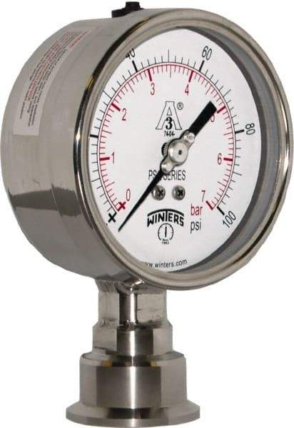Winters - 4" Dial, 1-1/2 Thread, 0-100 Scale Range, Pressure Gauge - Lower Connection Mount, Accurate to 0.01% of Scale - Industrial Tool & Supply